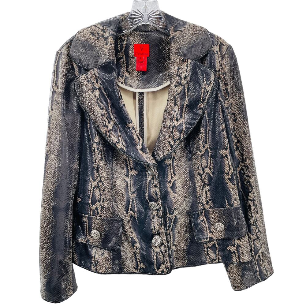 V Cristina Snakeskin Faux Shiny Leather Ribbon Trim Button Blazer Jacket PL